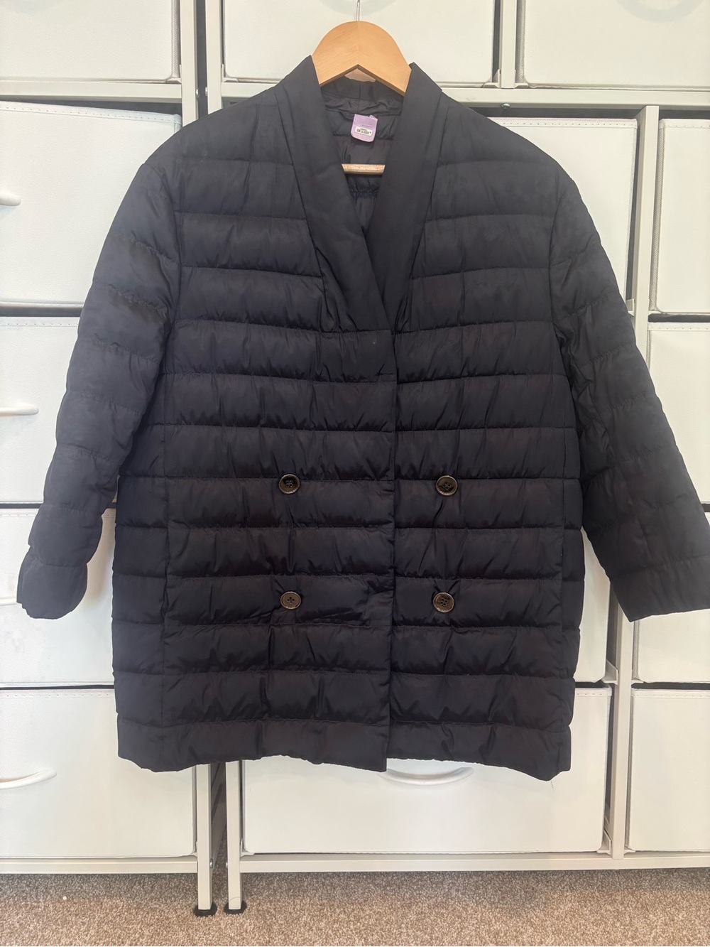 Navy Quilted Silk Puffer Coat - Women's Double-Breasted Jacket